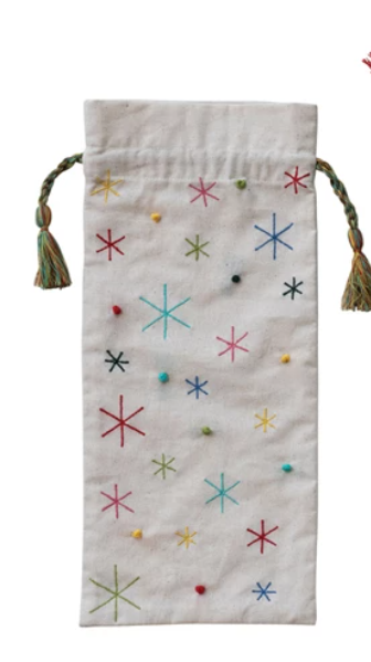 Cotton Drawstring Wine Bag w/ Knots & Tassels/Pom Poms