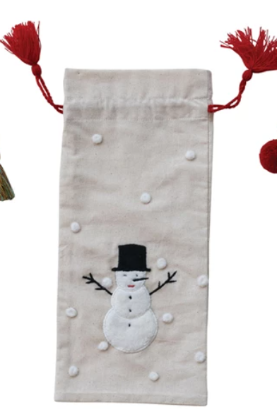 Cotton Drawstring Wine Bag w/ Knots & Tassels/Pom Poms