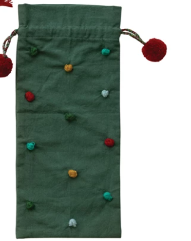 Cotton Drawstring Wine Bag w/ Knots & Tassels/Pom Poms