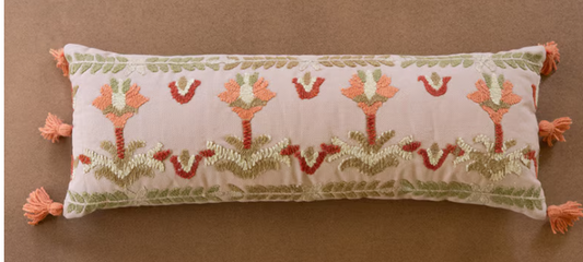 Coral Embroidered Lumbar Pillow with Tassels