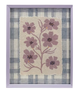 Purple Flowers & Plaid Mat  Framed Glass Wall Decor