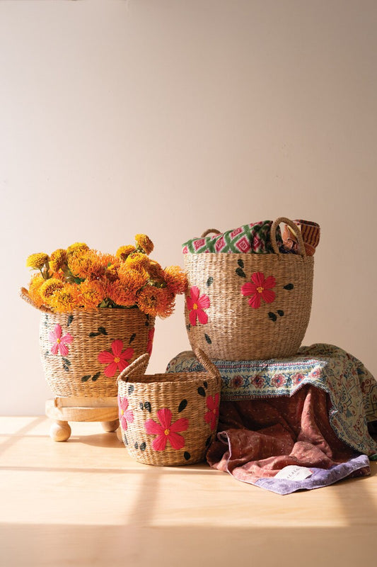 Seagrass Baskets with Embroidered Flowers