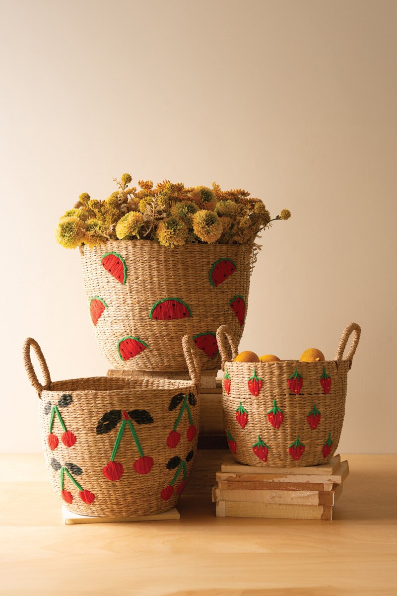 Seagrass Baskets with Embroidered Fruit