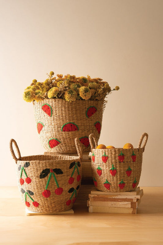 Seagrass Baskets with Embroidered Fruit