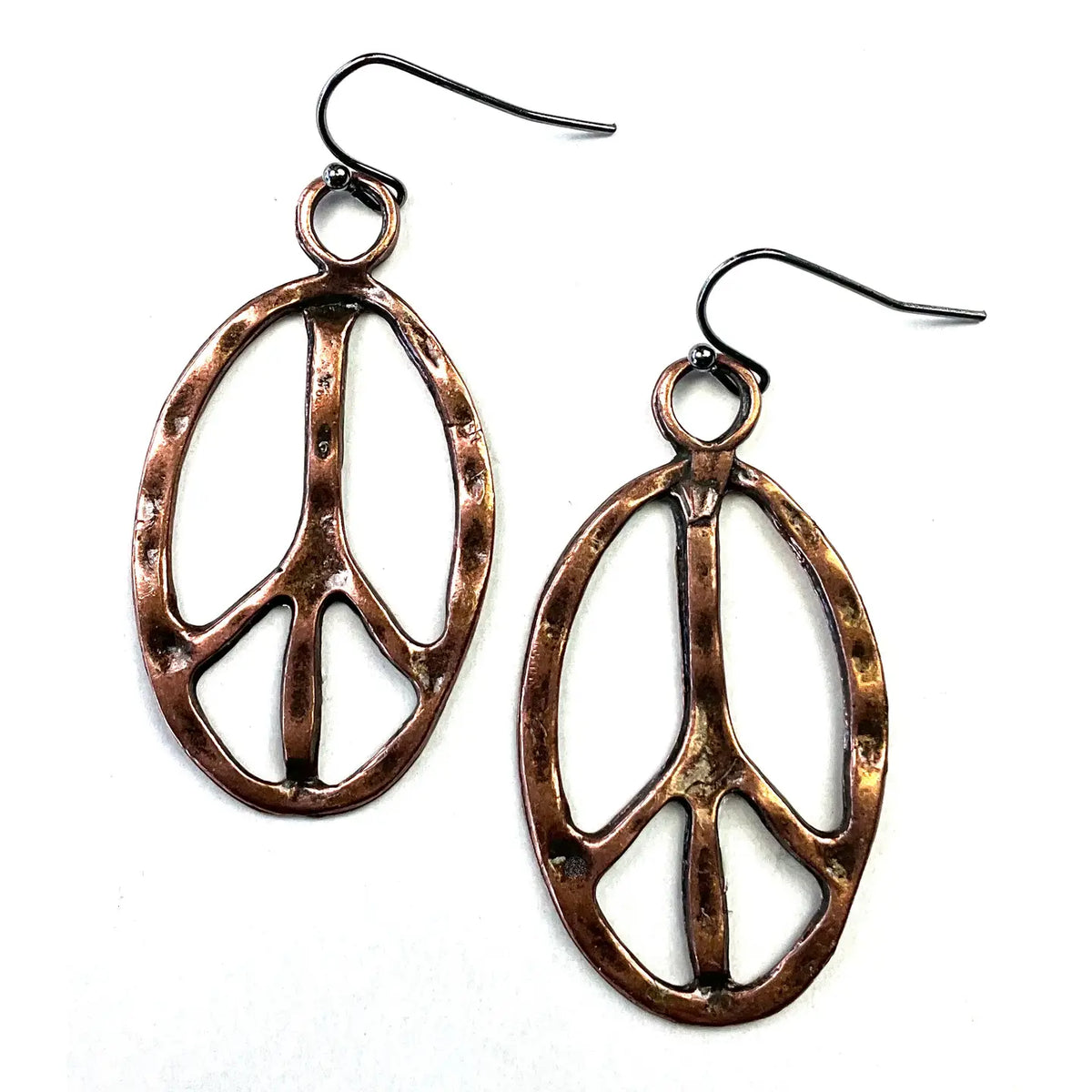 Brass Peace Sign Oval Hoop Earrings