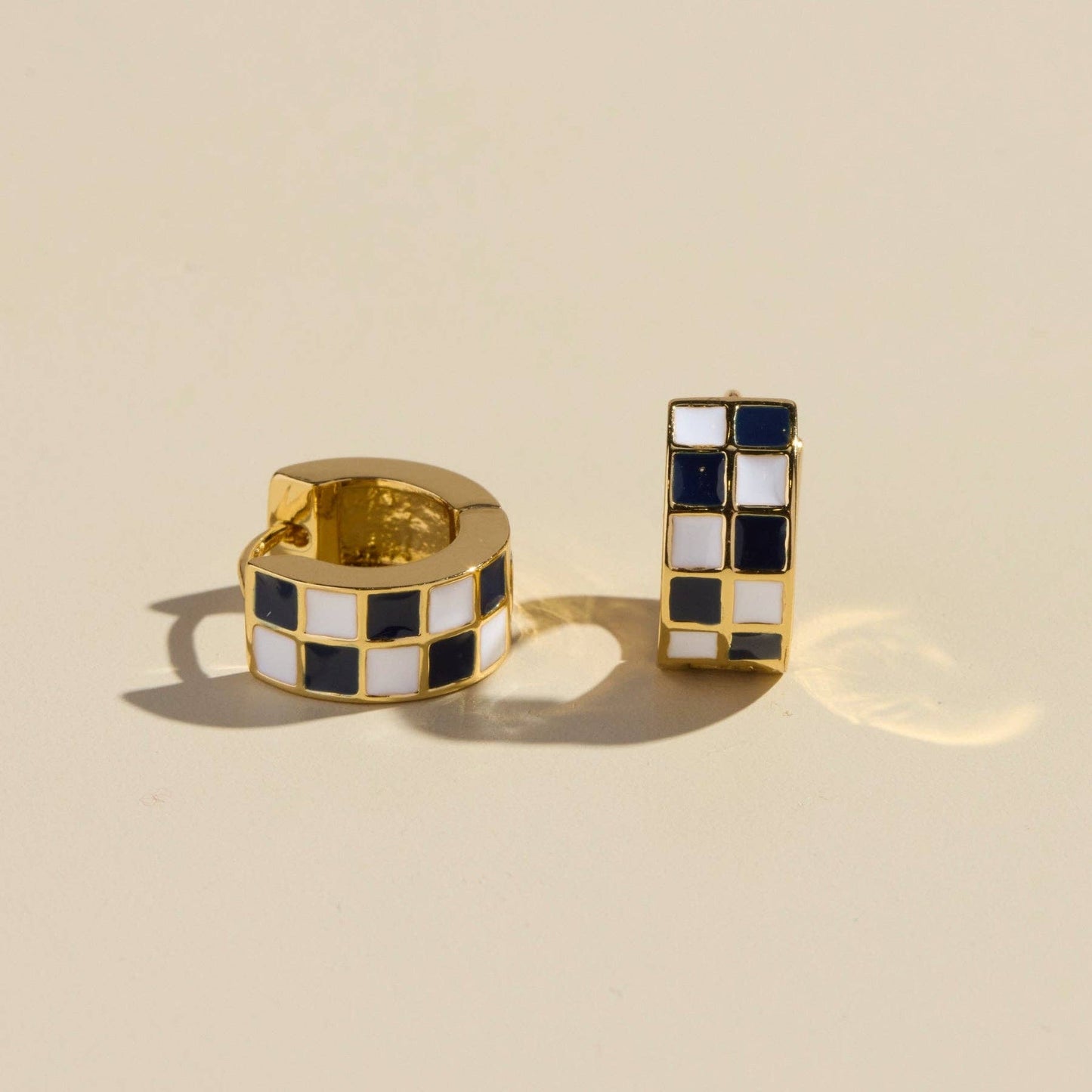 Navy & White Checkered Enamel Huggie Earrings