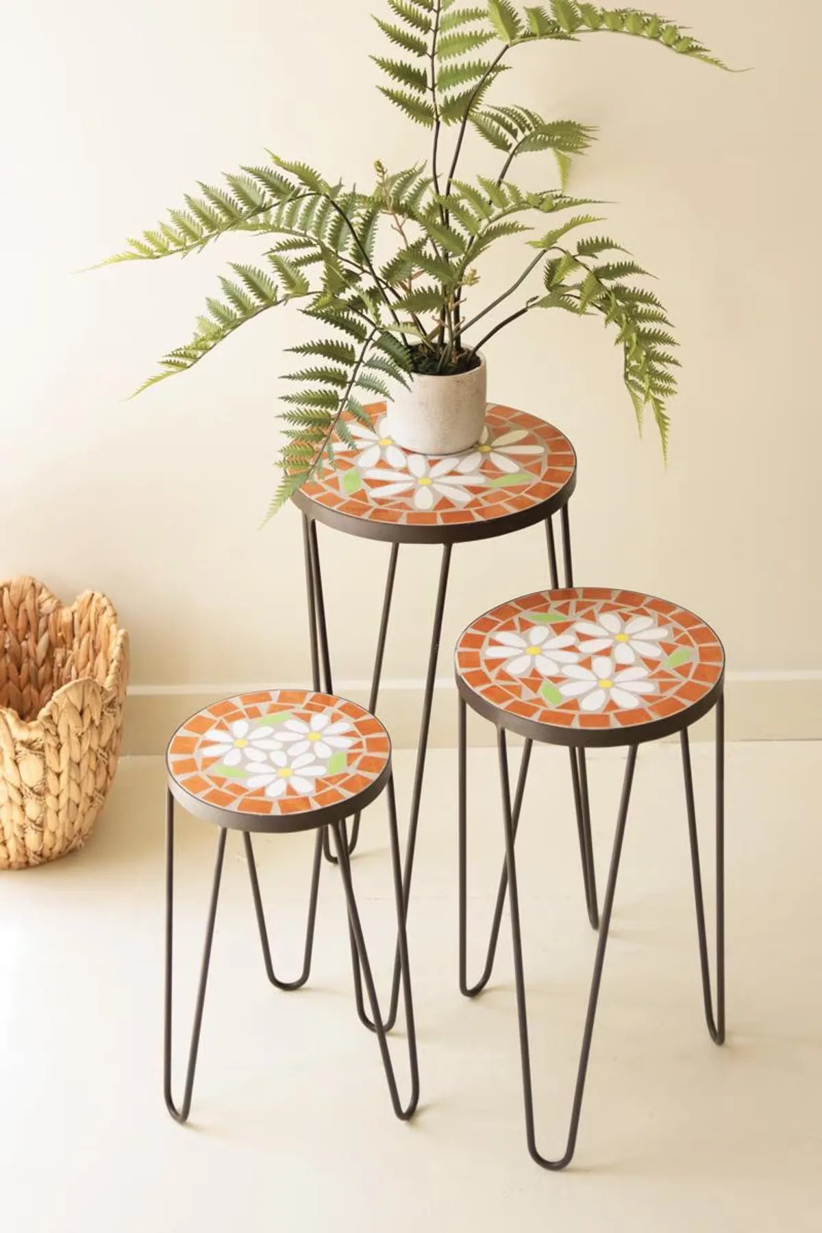 Nesting Mosaic Tile Tables with Metal Bases