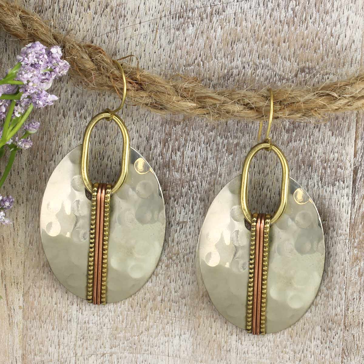 Mixed Metal Hammered Silver Oval Earrings