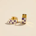 Purple & White Checkered Enamel Huggie Earrings