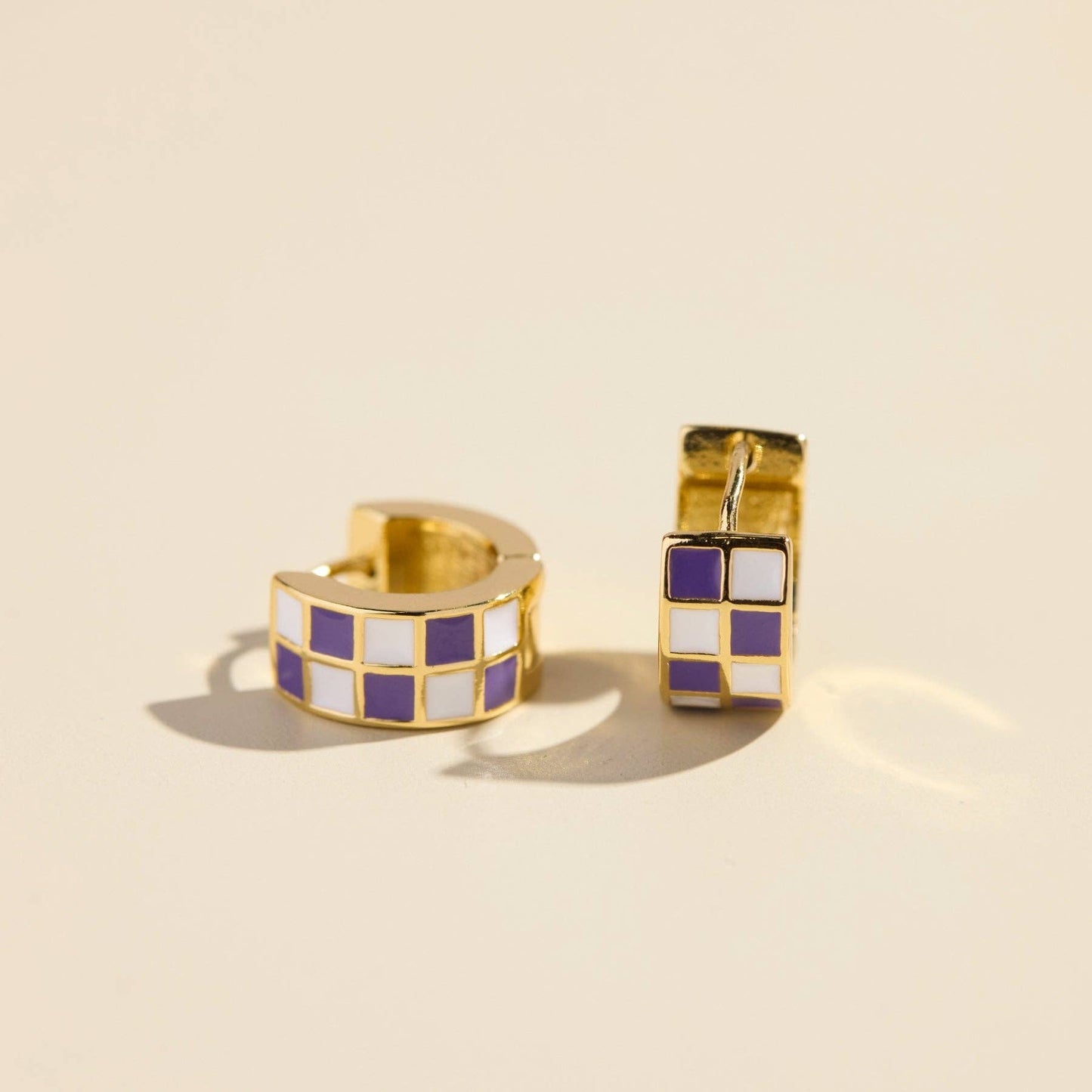 Purple & White Checkered Enamel Huggie Earrings