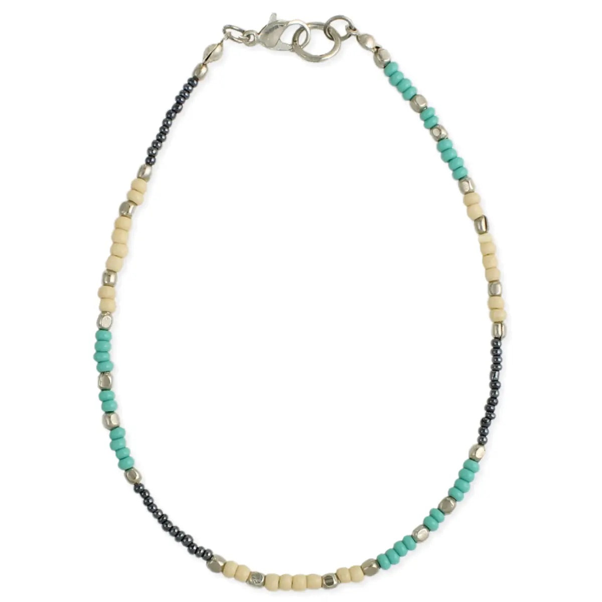 Sweet Simplicity Cream & Turquoise Silver Beaded Anklet
