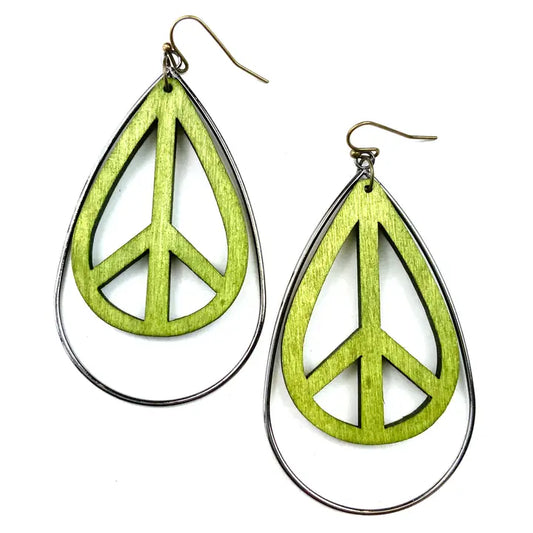 Wood Peace Sign Teardrop & Metal Earrings