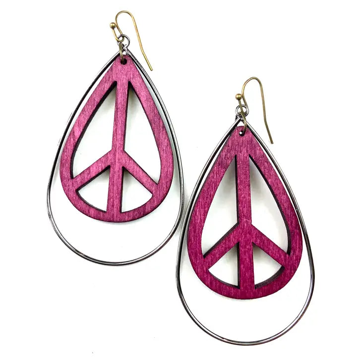 Wood Peace Sign Teardrop & Metal Earrings