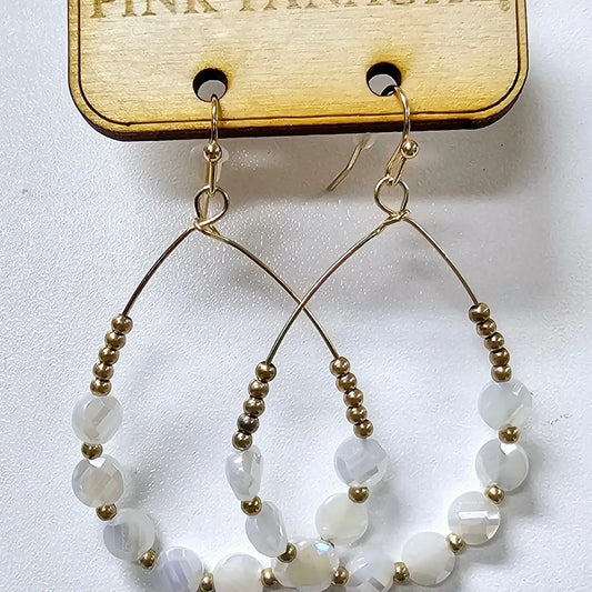 Gold & Flat White Beaded Teardrop Earrings