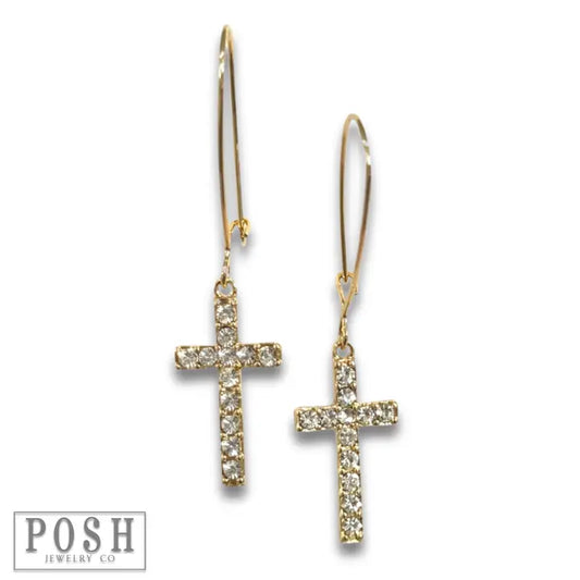 Gold Rhinestone Cross Earrings