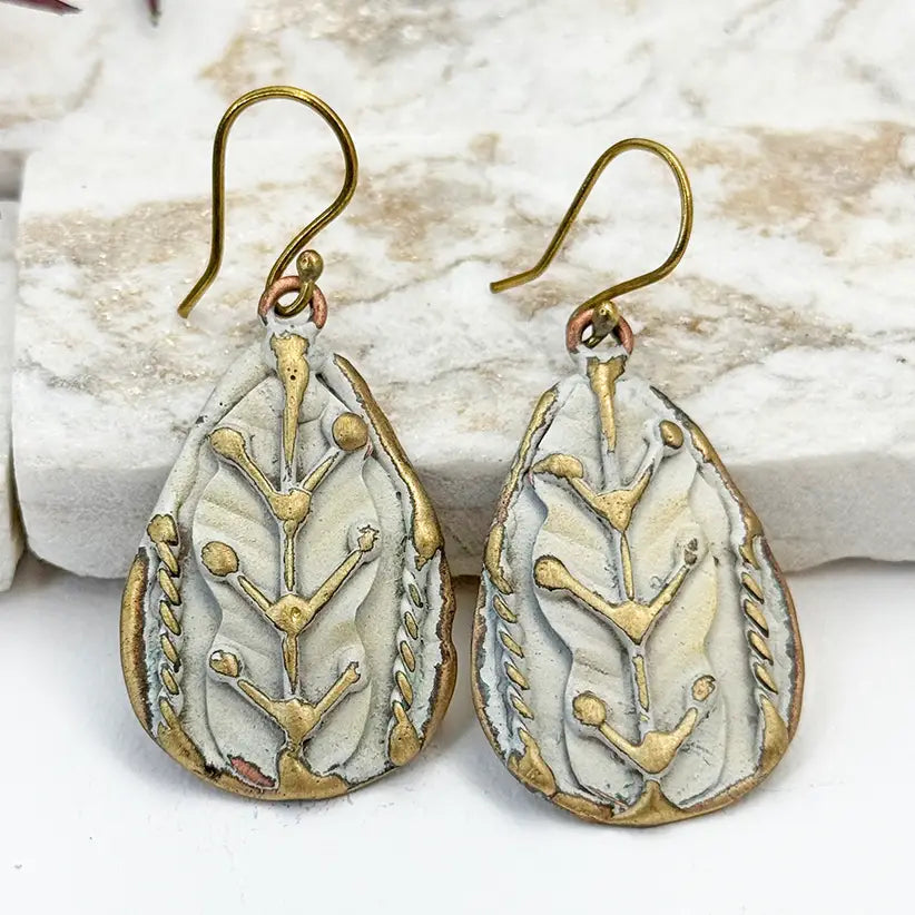 Handcrafted Antique White Dotted Leaf Brass Patina Earrings