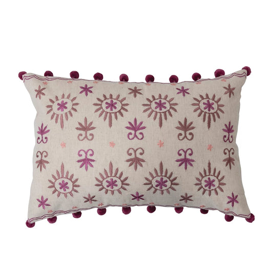 Purple Boho Lumbar Pillow with Embroidery & Pom Poms