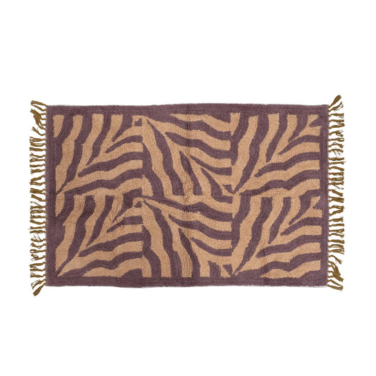 Brown Cotton Tufted Print Rug with Fringe