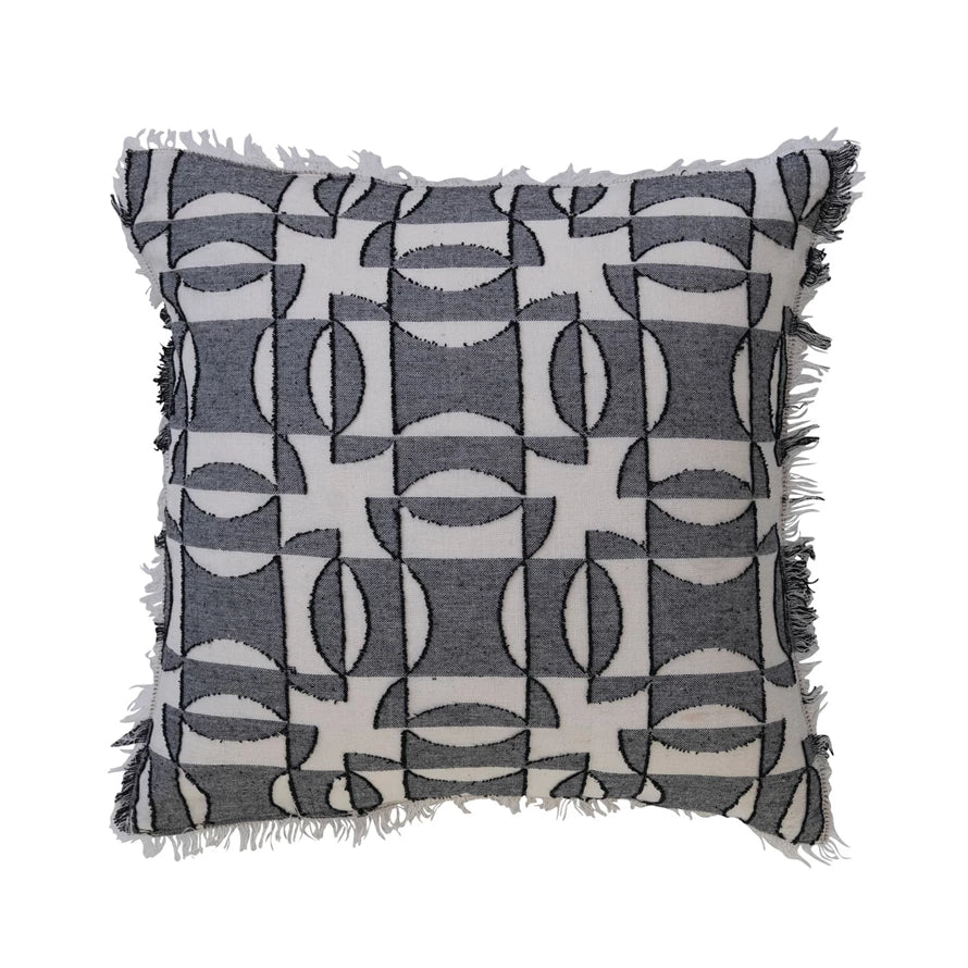 Geometric Pattern Chambray Black/Cream & Fringe Pillow