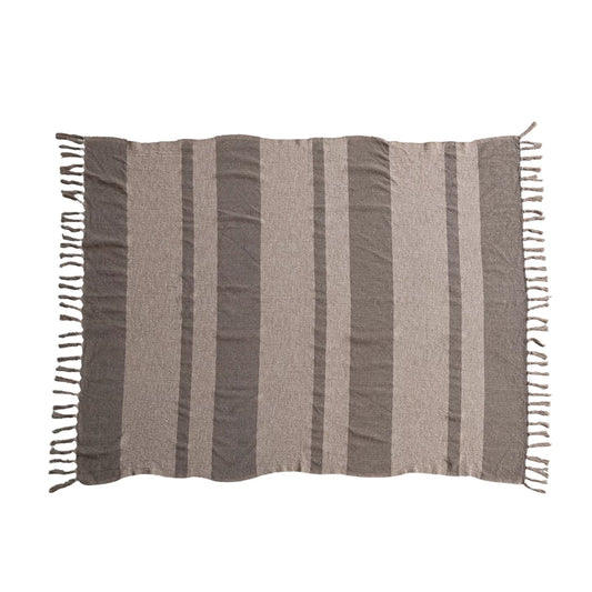 Beige & Brown Stripes & Fringe Cotton Blend Throw