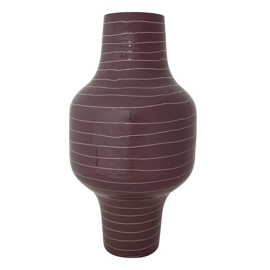 Plum Enameled Metal Striped Vase
