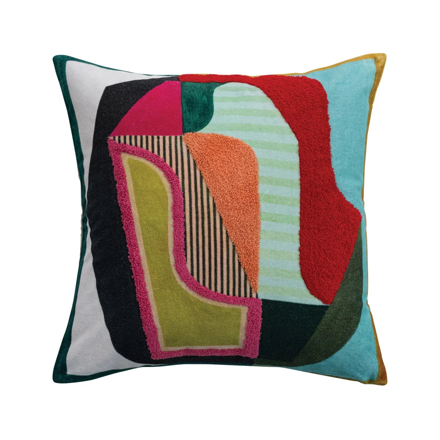 Velvet Printed Pillow w/ Abstract Design & Striped Back
