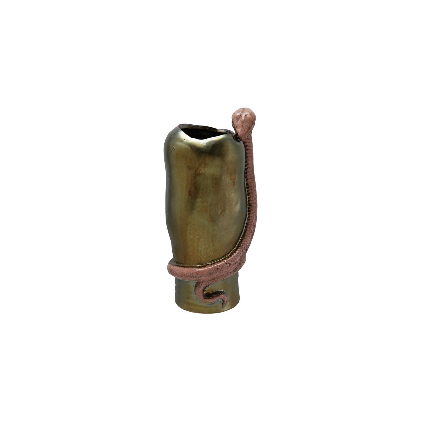 Metallic Finish & Pink Stoneware Vase with 3D Snake