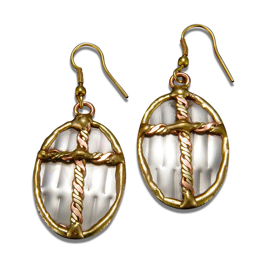 Mixed Metal Earrings - Twisted Cross in Oval