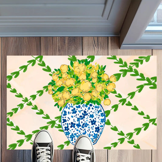 Yellow Floral in Blue Willow Rug Floormat