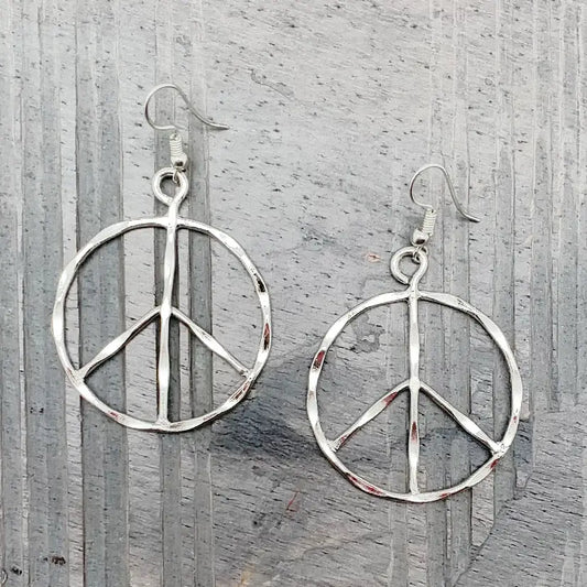 Large Silver Plated Peace Sign Earrings