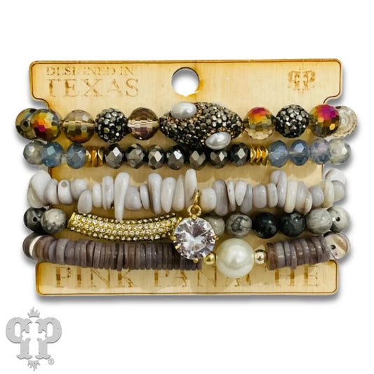 Chunky Five Strand Mixed Bead and Charm Bracelet Set