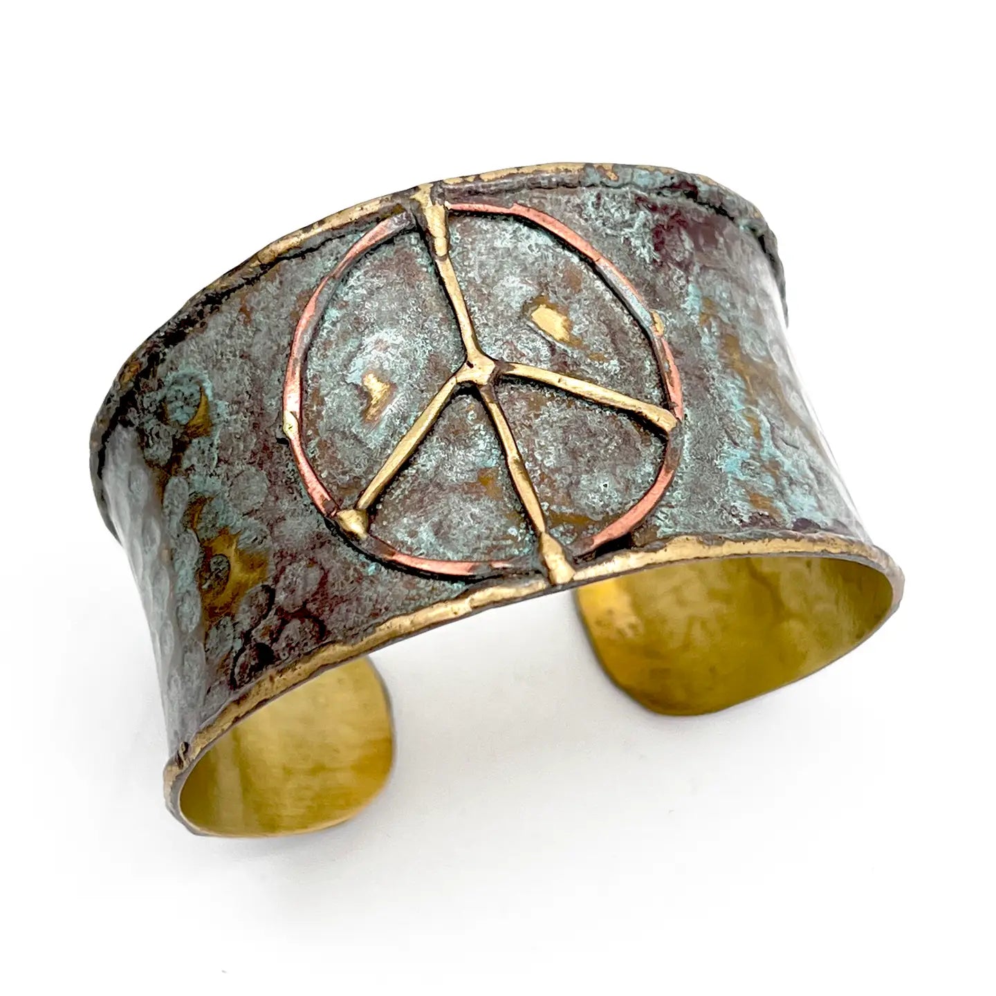 Brass Patina Cuff Bracelet - Rustic Blue Peace Sign