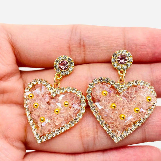 Pink Crystal Heart-Shaped Pendant Dangle Earring