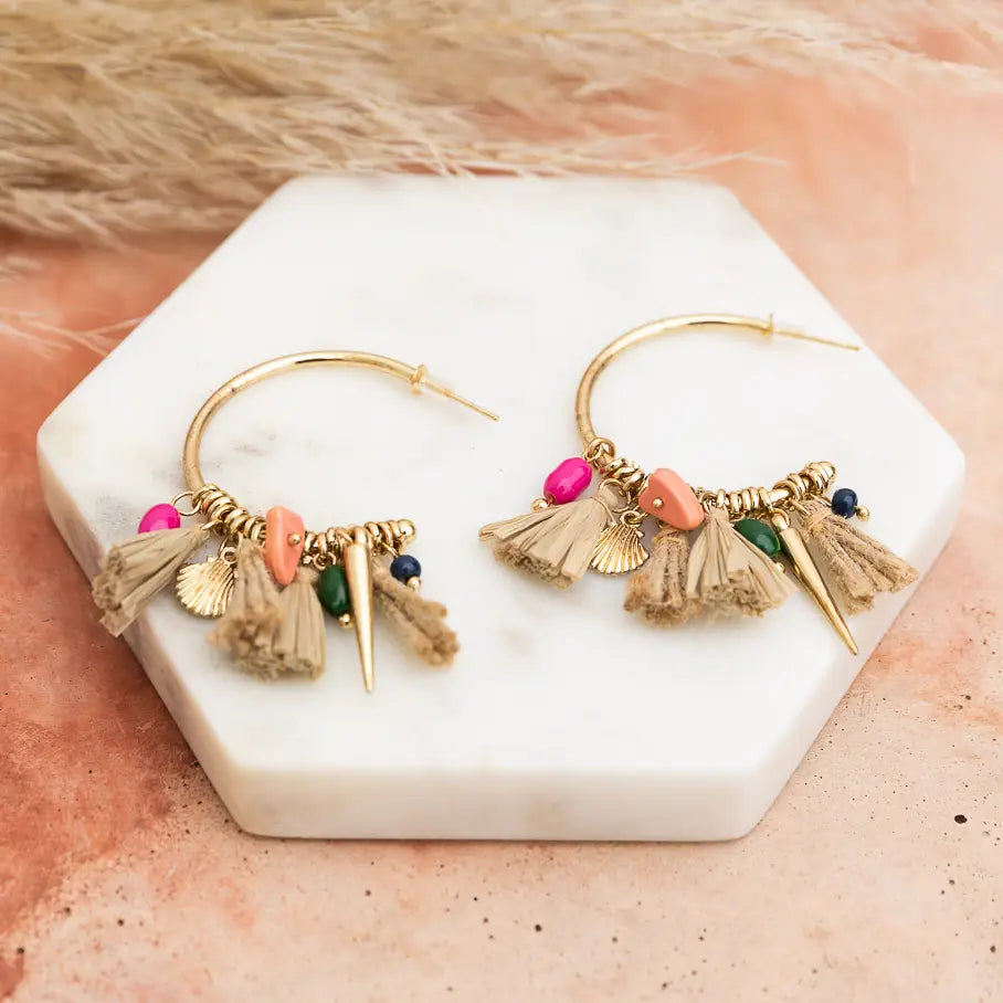 Coastal Chic Raffia and Bead Semi Hoop Earrings