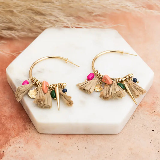 Coastal Chic Raffia and Bead Semi Hoop Earrings