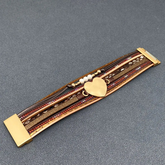 Heart Charm Multilayer Rhinestone Leather Boho Bracelet