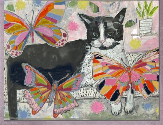 Cat & Butterflies Greeting Card