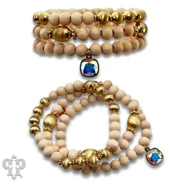 Wood and Gold Bead Bracelet Set with Austrian Crystal