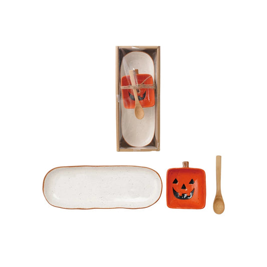 Jack-O-Lantern Shaped Dish & Bamboo Spoon Set