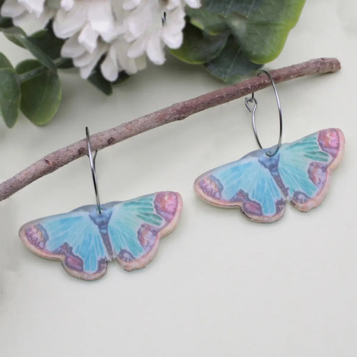 Soft Skies Blue Butterfly Silver Hoop Earrings