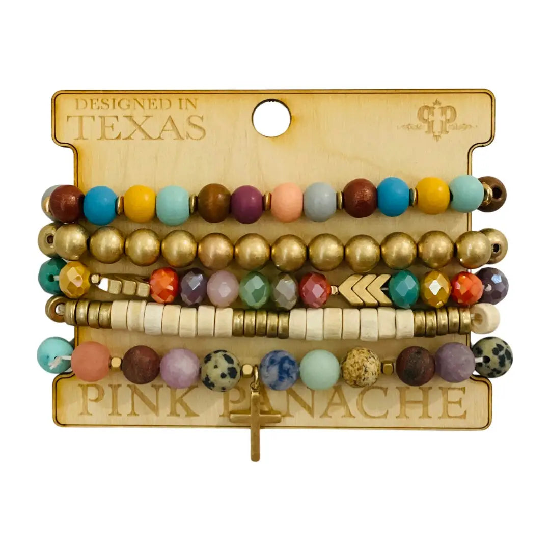 Multi-Color and Gold Bead Bracelet Set, Cross Charm