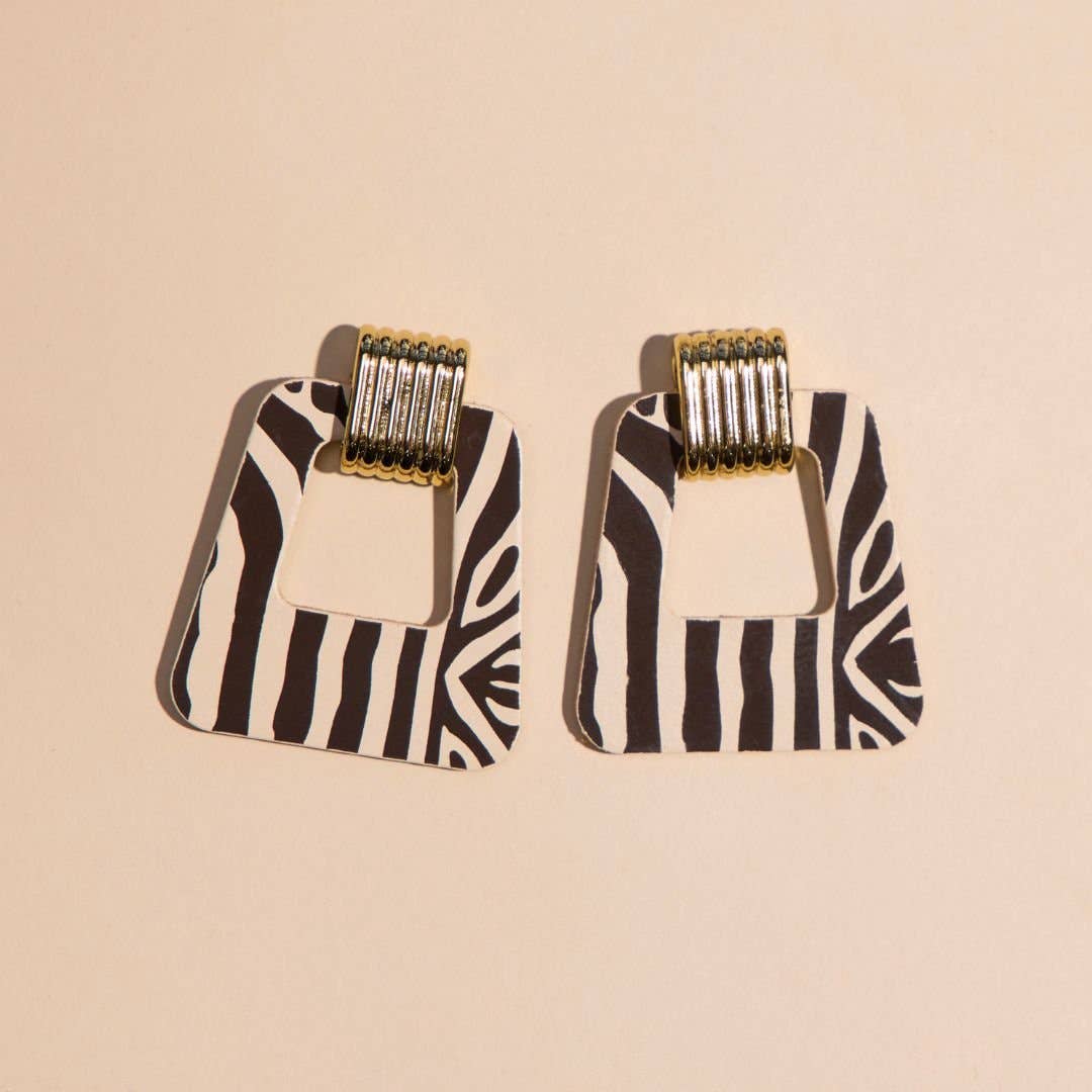 Ecru & Brown Zebra Avery Doorknocker Earrings