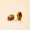 Black & Red Checkered Enamel Huggie Earrings