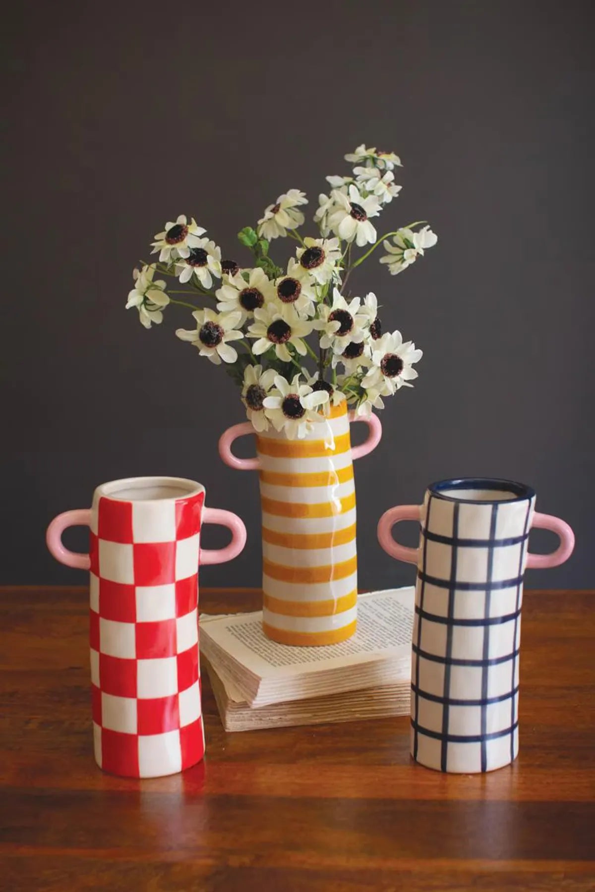 Patterned Ceramic Cylinder Vases with Handles