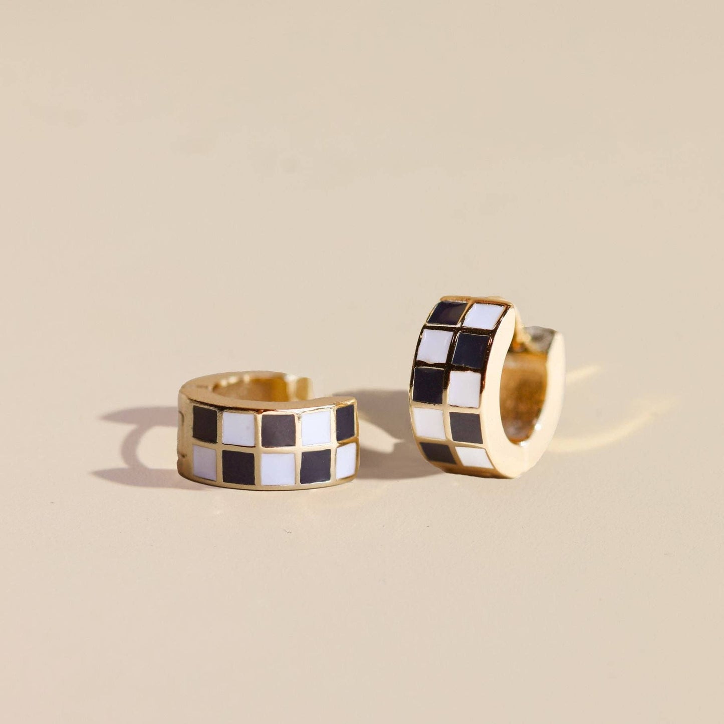 Black & White Checkered Enamel Huggie Earrings