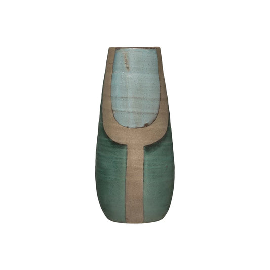 Green & Neutral Hand-Painted Terracotta Vase