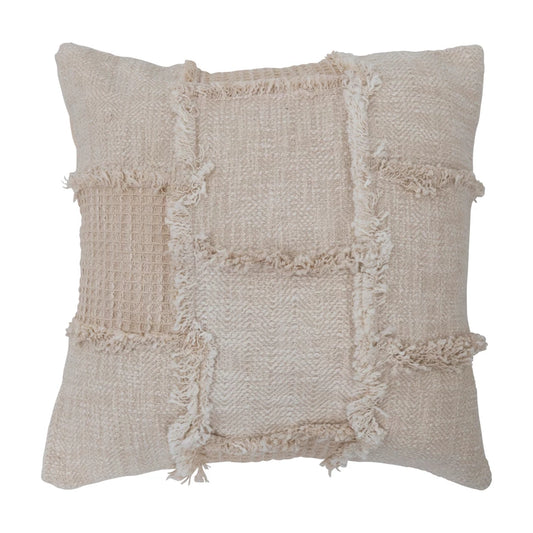 Frayed Edged Woven Cotton & Wool Patchwork Pillow