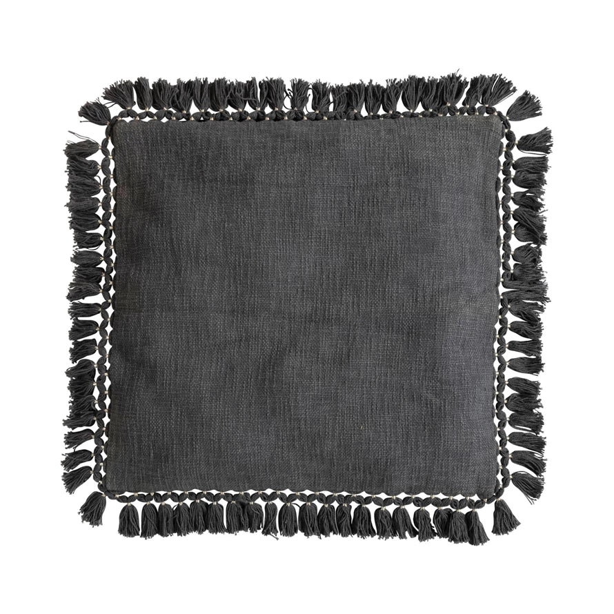 Charcoal Gray Cotton Pillow w/ Gold Thread-Wrapped Tassels