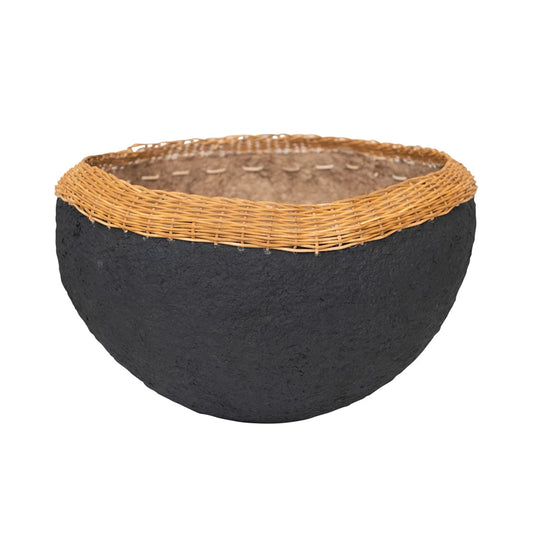 Handmade Paper Mache Bowl w/ Wicker Rim