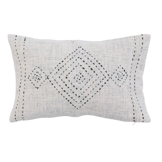 Grey & Navy Embroidered Cotton Lumbar Pillow